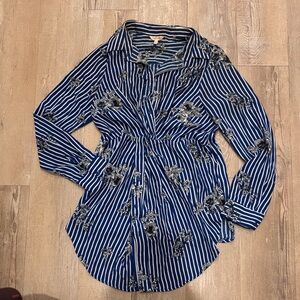 Navy Floral Striped Women's Button Down Shirt
